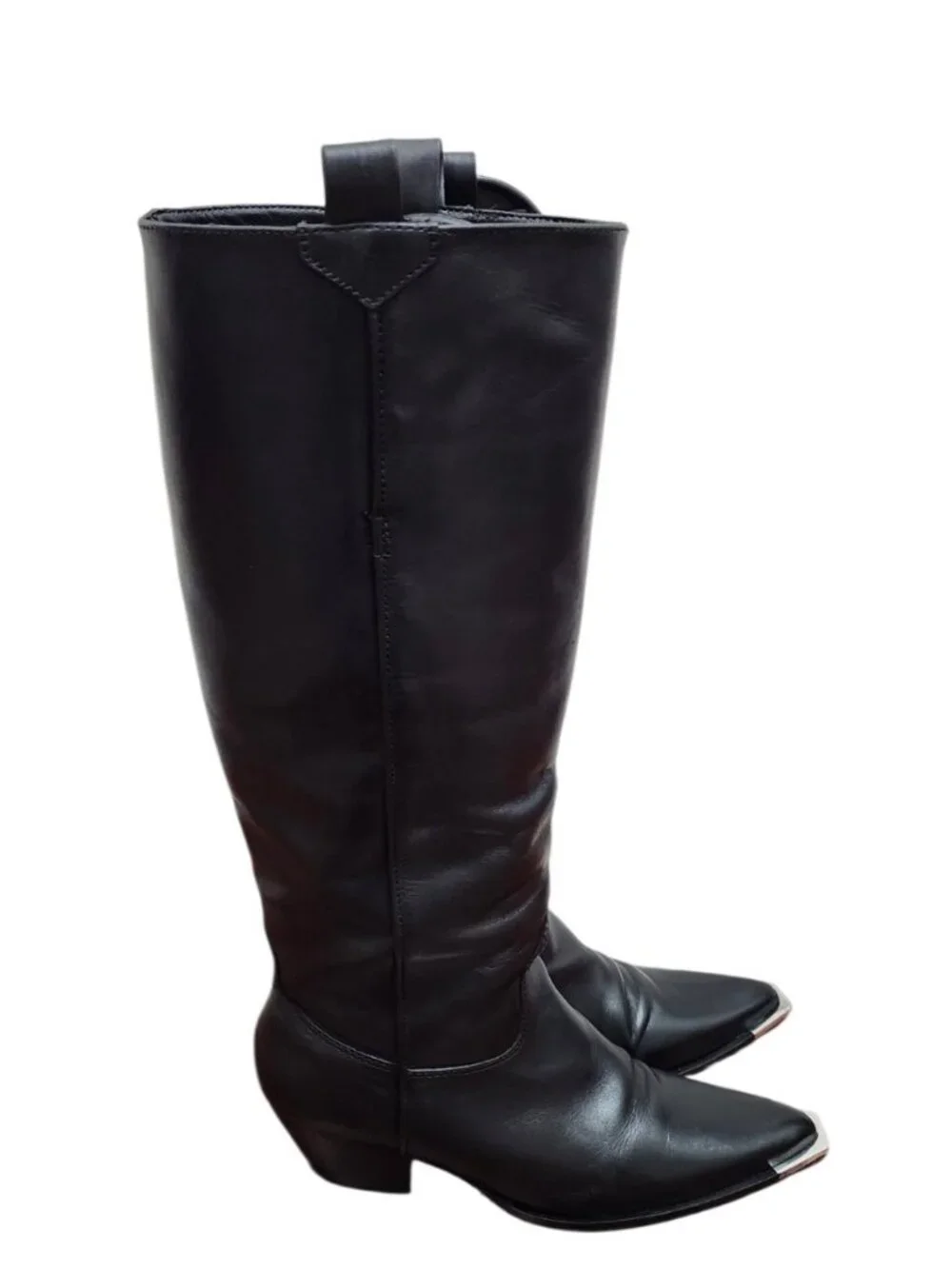 Schutz Black Leather Western Knee High Boots Silver Toe Cap Cowboy Riding 8.5B